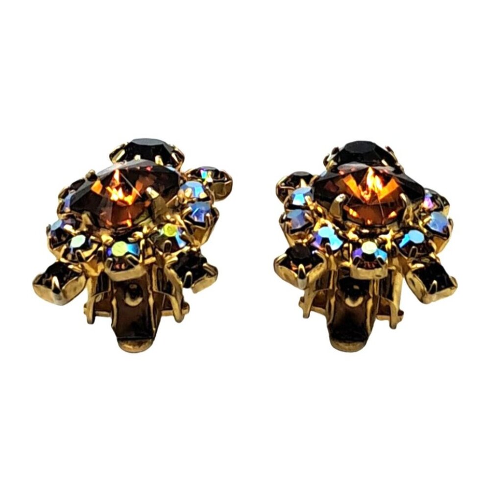 Vintage Rivoli Rhinestone Earrings Aurora Borealis Brown Clip Ons Costume Jewelr - Picture 7 of 11